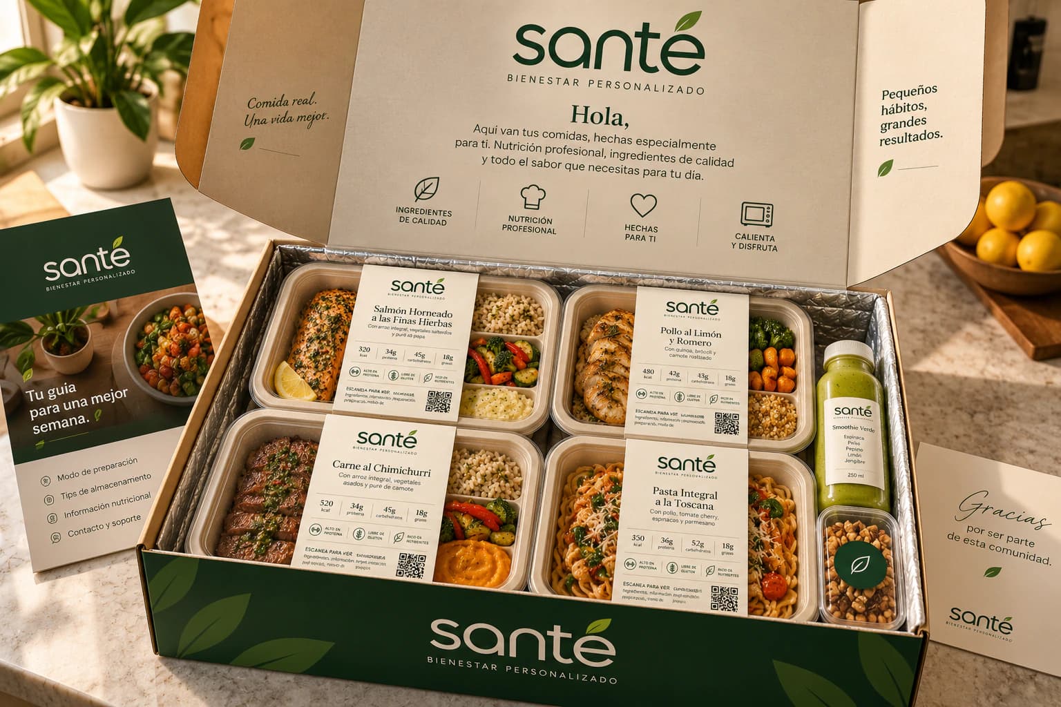 Caja Santé abierta con cuatro comidas, un smoothie verde y nueces sobre forro térmico, junto a la guía de la semana y una tarjeta de agradecimiento