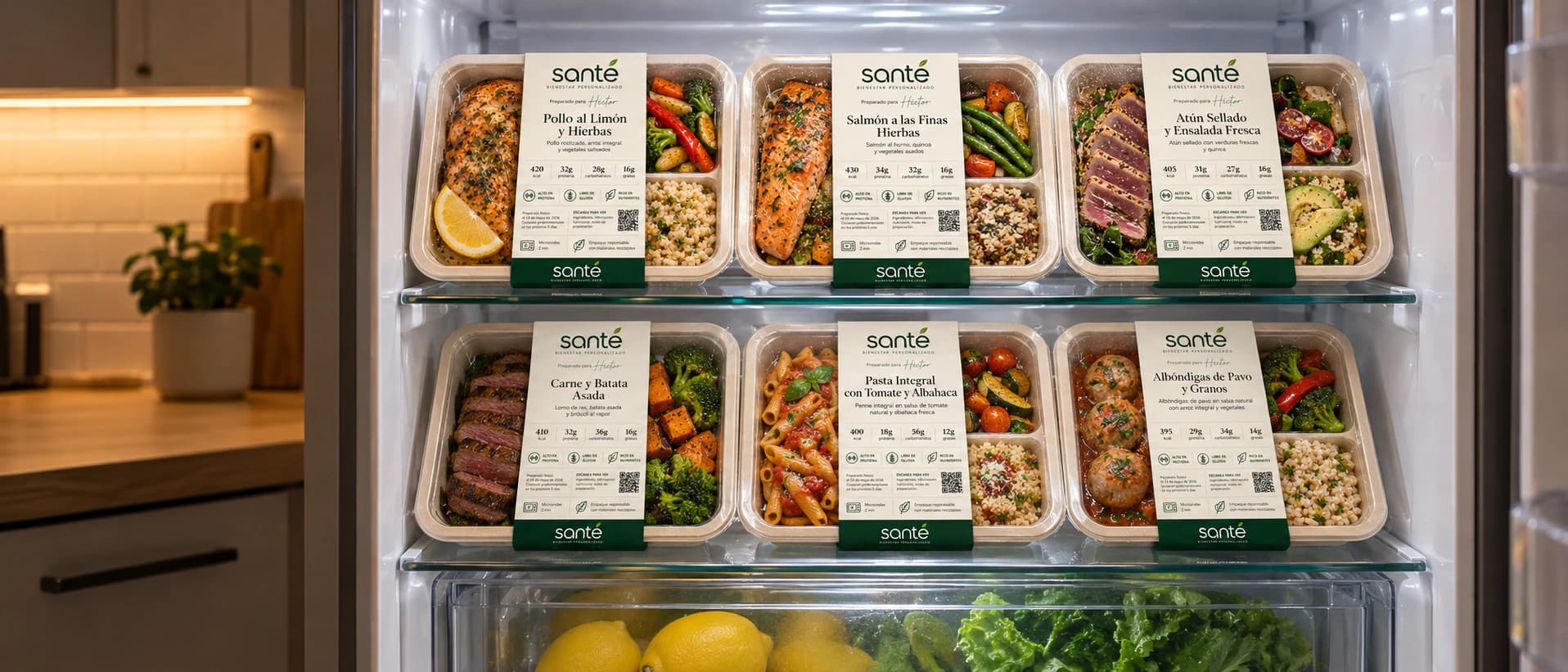 Refrigerador abierto con seis comidas Santé acomodadas en dos repisas, listas para la semana