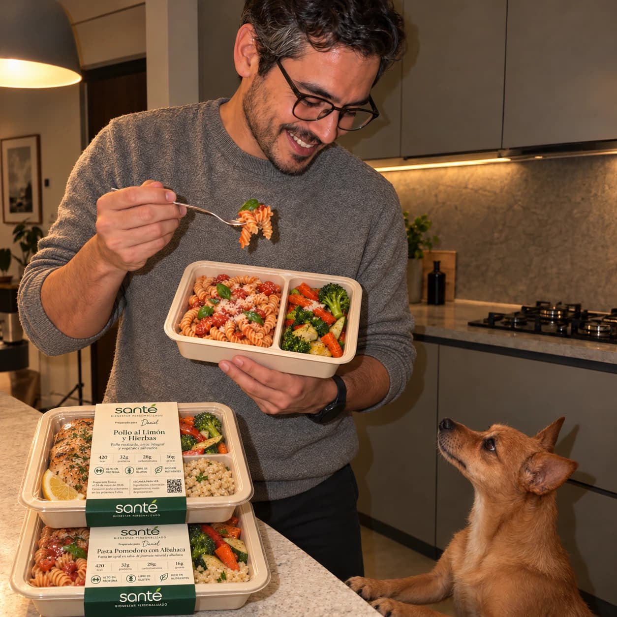 Daniel prueba su pasta Santé en la cocina mientras su perro lo mira